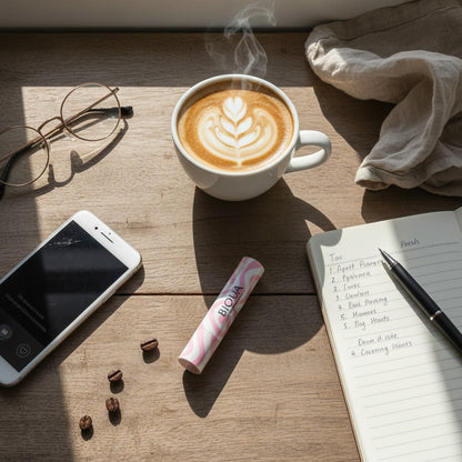 Bálsamo labial Bioaqua en escritorio con café, smartphone y cuaderno en ambiente matutino
